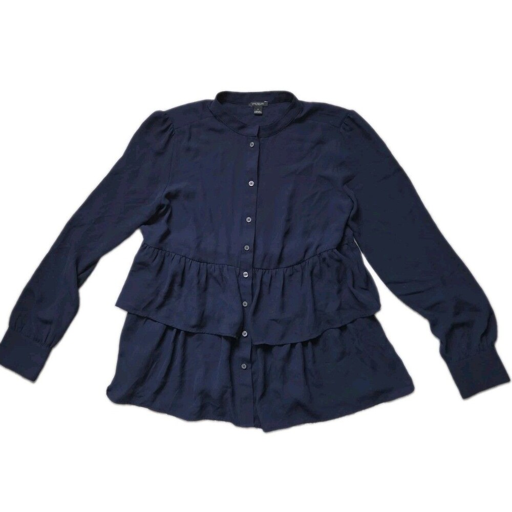 Ann Taylor Factory Navy Blue Tiered Ruffle Button Front Blouse Peplum Sz S EUC
